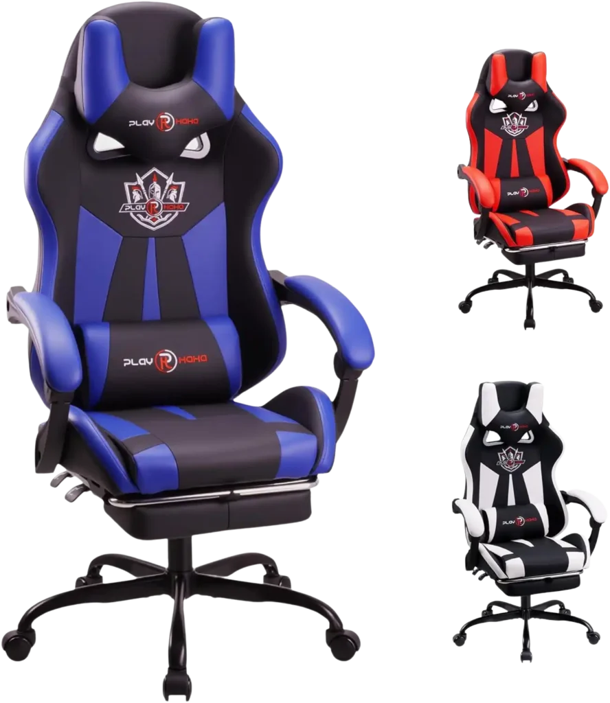 PLAY HAHA GAMING CHAIR ergonomic blue PU leather recliner with footrest and lumbar support